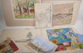 A large quantity of assorted watercolours, ink sketches and textile artworks, including works by