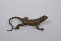 A Japanese bronze okimono lizard, 13cm long