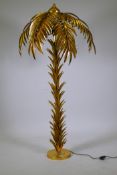 A gilt metal palm tree standard lamp and shade, 142cm high