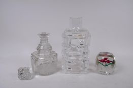 An antique lead crystal mallet decanter with cut and etched glass decoration, a studio glass