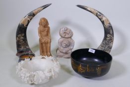 A pair of carved horns, 40cm high, soapstone carving, alabaster mount, export ware, lacquer bowl etc