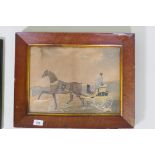 C19th hand coloured lithograph, gentleman with bay horse and gig, in a bird's eye maple frame, 38
