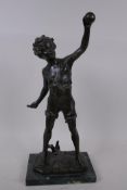 An Art Deco style bronze figure of a young boy playing tennis, on a marble plinth, signed, AF,