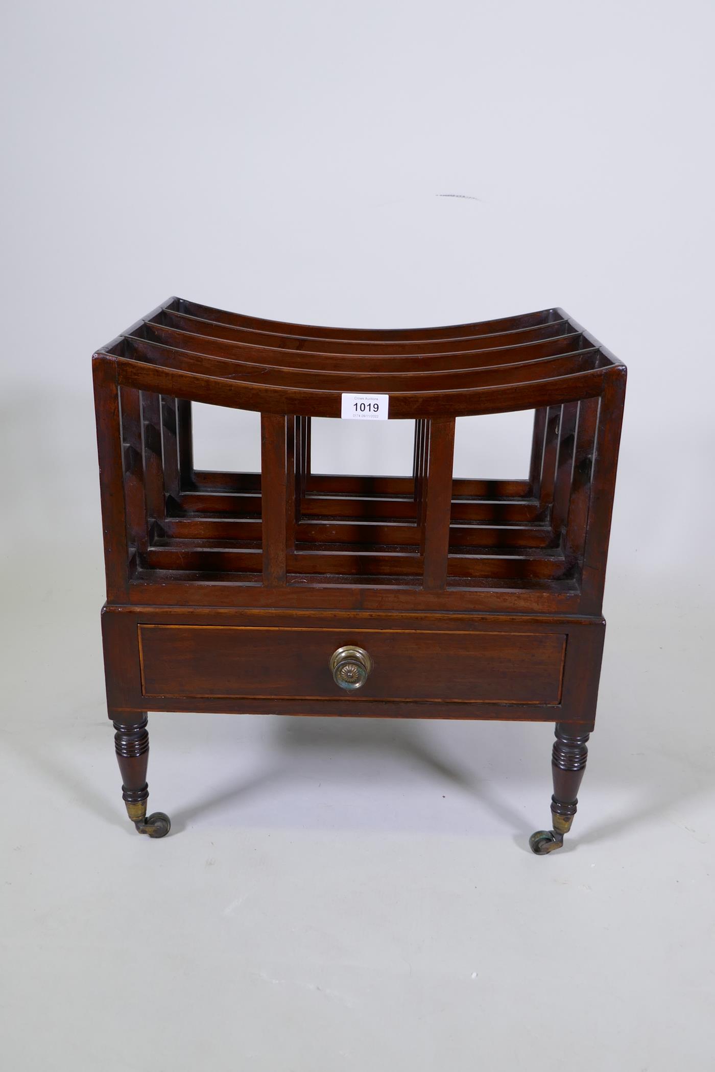 A Georgian mahogany canterbury with single drawer, ring turned supports and brass castors, 45 x - Image 2 of 2