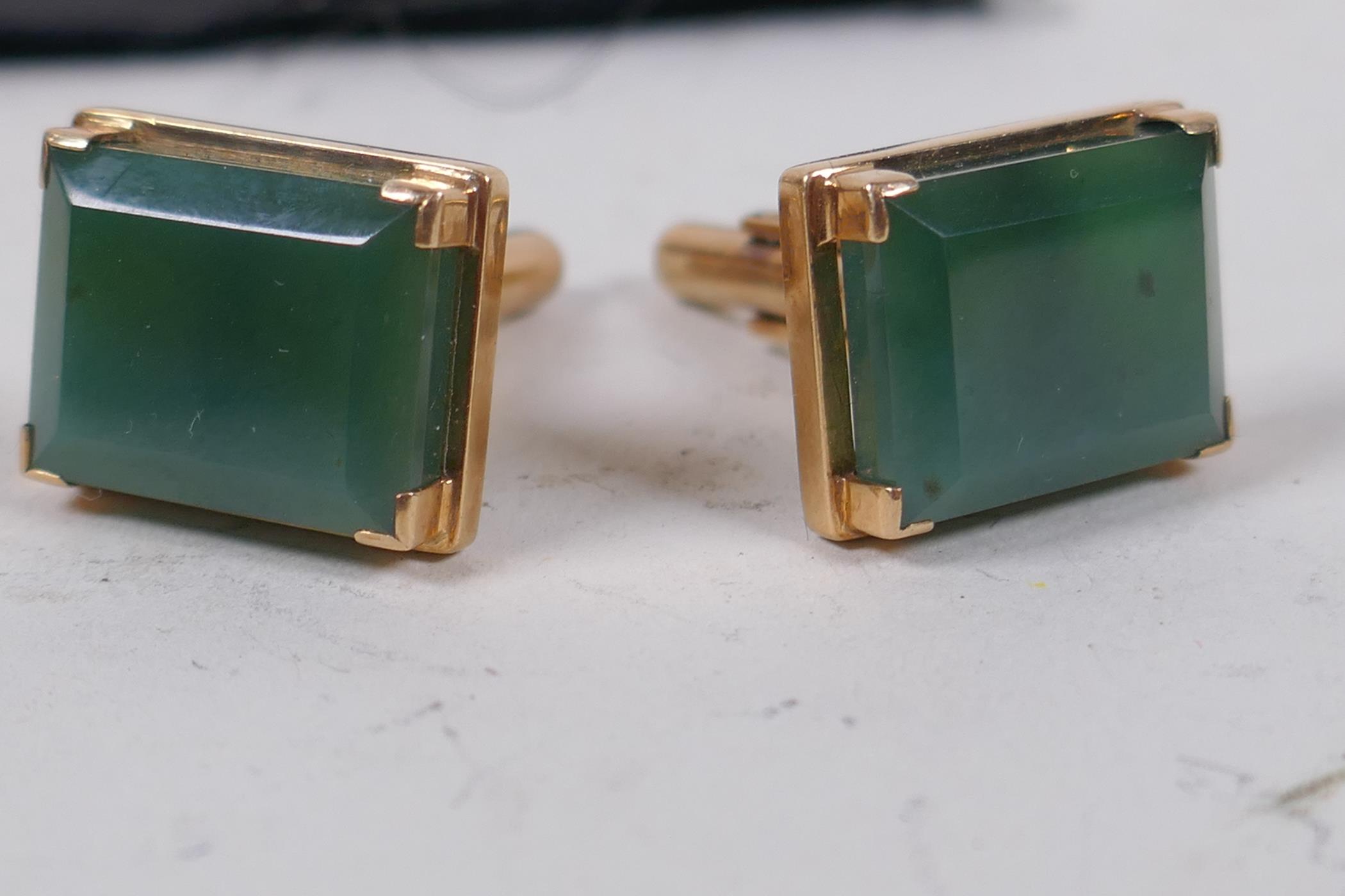 A pair of gold and green stone cufflinks, marked 14k, gross 12.1g - Image 2 of 3