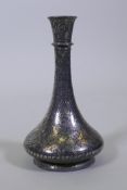 A Bidri vase/hookah base inlaid with silver decoration, 23cm high