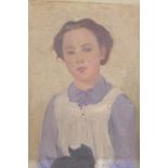 A late C19th/early C20th portrait of a girl with a black cat, unframed oil on canvas, 30 x 41cm