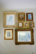 An Arts and Crafts style painted gilt picture frame, aperture 40 x 32cm, three small gilt picture