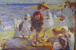 In the manner of Dorothea Sharp, beach scene with figures, oil on canvas, 60 x 50cm