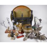 A collection of metalwares including an oriental brass top folding table, 58cm diameter, an owl door