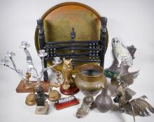 A collection of metalwares including an oriental brass top folding table, 58cm diameter, an owl door