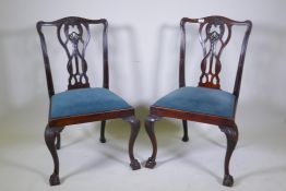 A pair of antique mahogany Chippendale style dining chairs with carved and pierced back decorated