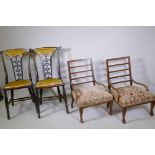 A pair of Art Nouveau stained beechwood side chairs and a pair of Edwardian inlaid walnut bedside/