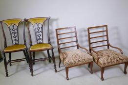 A pair of Art Nouveau stained beechwood side chairs and a pair of Edwardian inlaid walnut bedside/