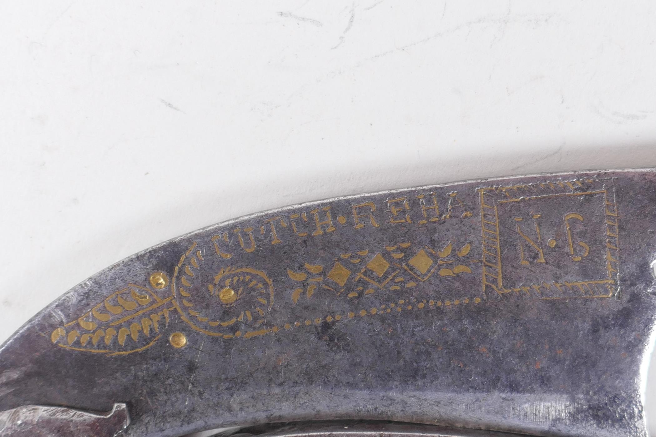 An antique Indian betel nut cutter, the blade with inset gilt decoration and inscription 'Cutch - Image 3 of 3