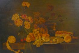 Still life with fruit and flowers on a table, antique Dutch School, oil on oak panel, 39 x 54cm