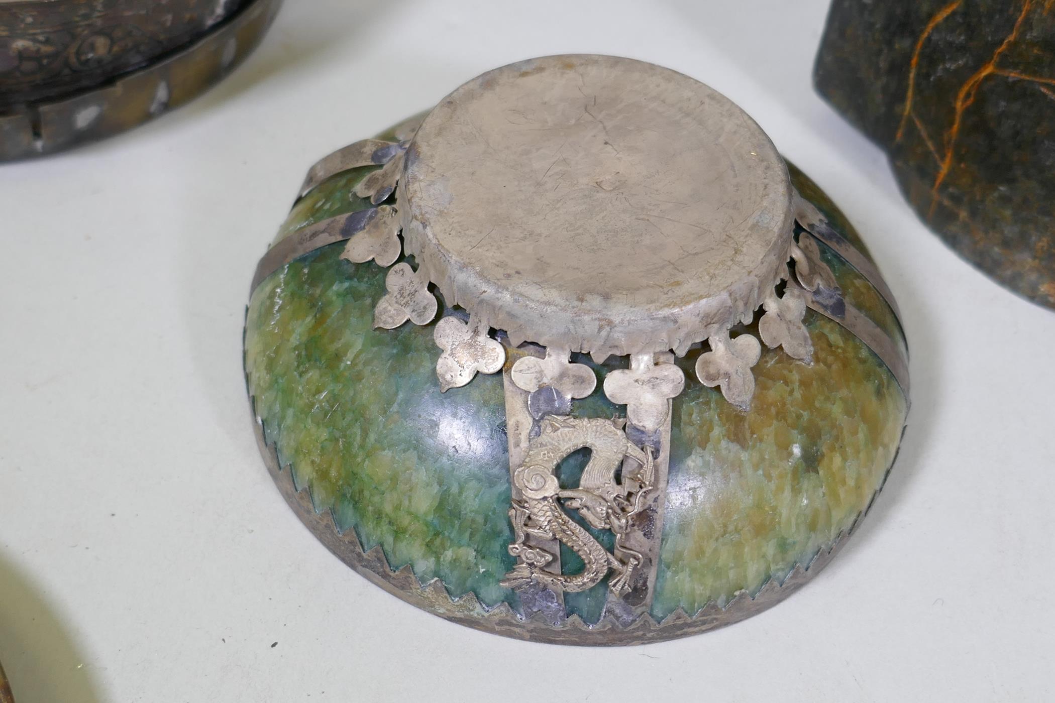 A collection of Middle Eastern alabaster bowls, bronze bowls, carved stone, soapstone etc, glass - Image 9 of 9