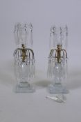 A near pair of glass lustres, AF chip to base of one, two drops AF and loose joint, 31cm high