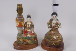 A pair of Japanese Satsuma table lamp bases modelled as meditative figures and decorated in bright