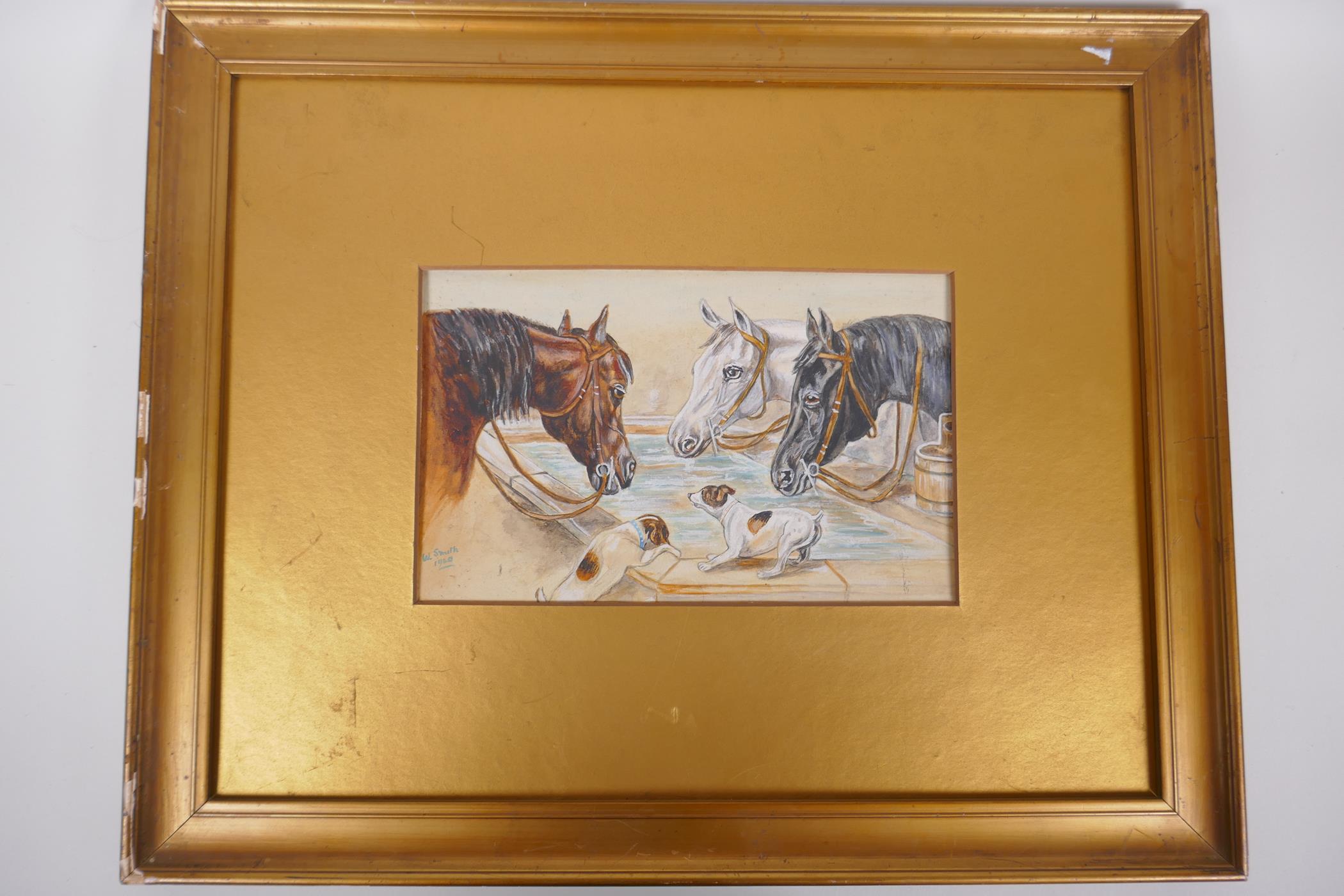 W. Smith, horses and Jack Russell terriers at a drinking trough, watercolour, signed and dated , - Image 3 of 3