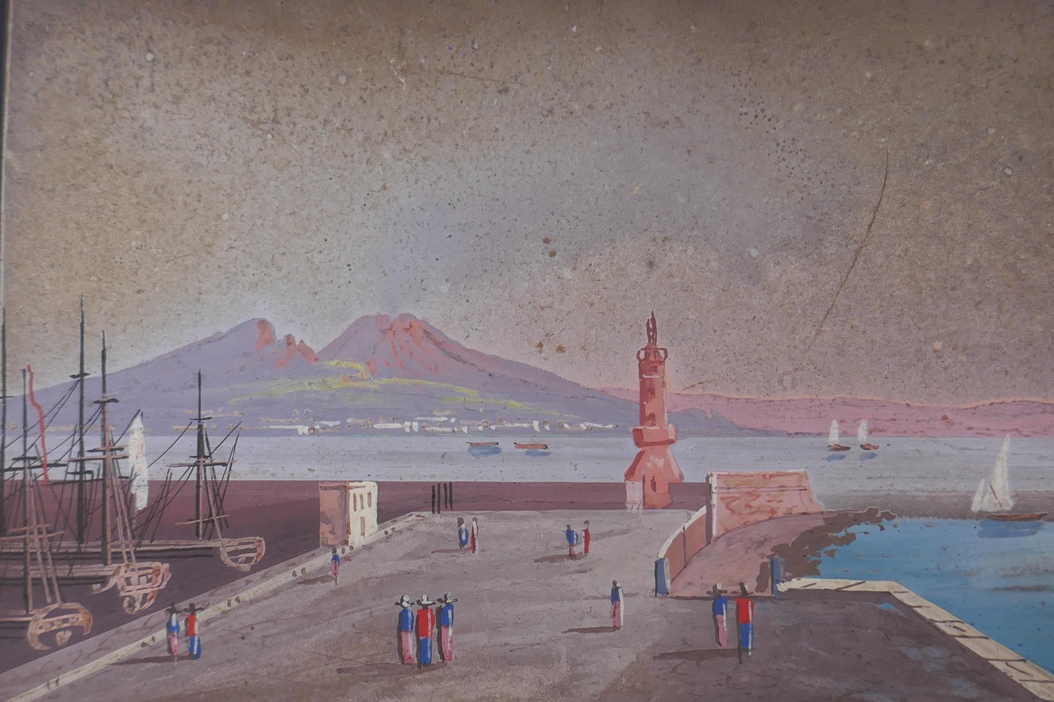 Views of the Bay of Naples with Vesuvius, a pair of early C19th gouache paintings, both indistinctly - Image 2 of 6