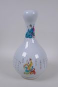 A Chinese polychrome porcelain garlic head shaped vase decorated with four immortals and