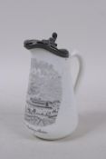 A C19th English pottery cream jug with pewter lid, transfer printed with a scene of Portland