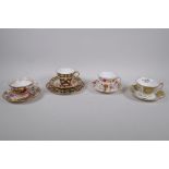 A Royal Crown Derby Imari pattern trio and matching tea plate, and three Royal Crown Derby duos,