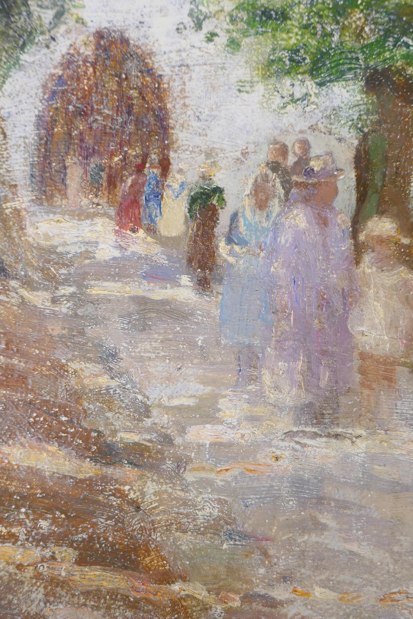 E.M. Petherick, garden scene with figures on a path, oil on card, signed, 28 x 40cm - Image 2 of 3