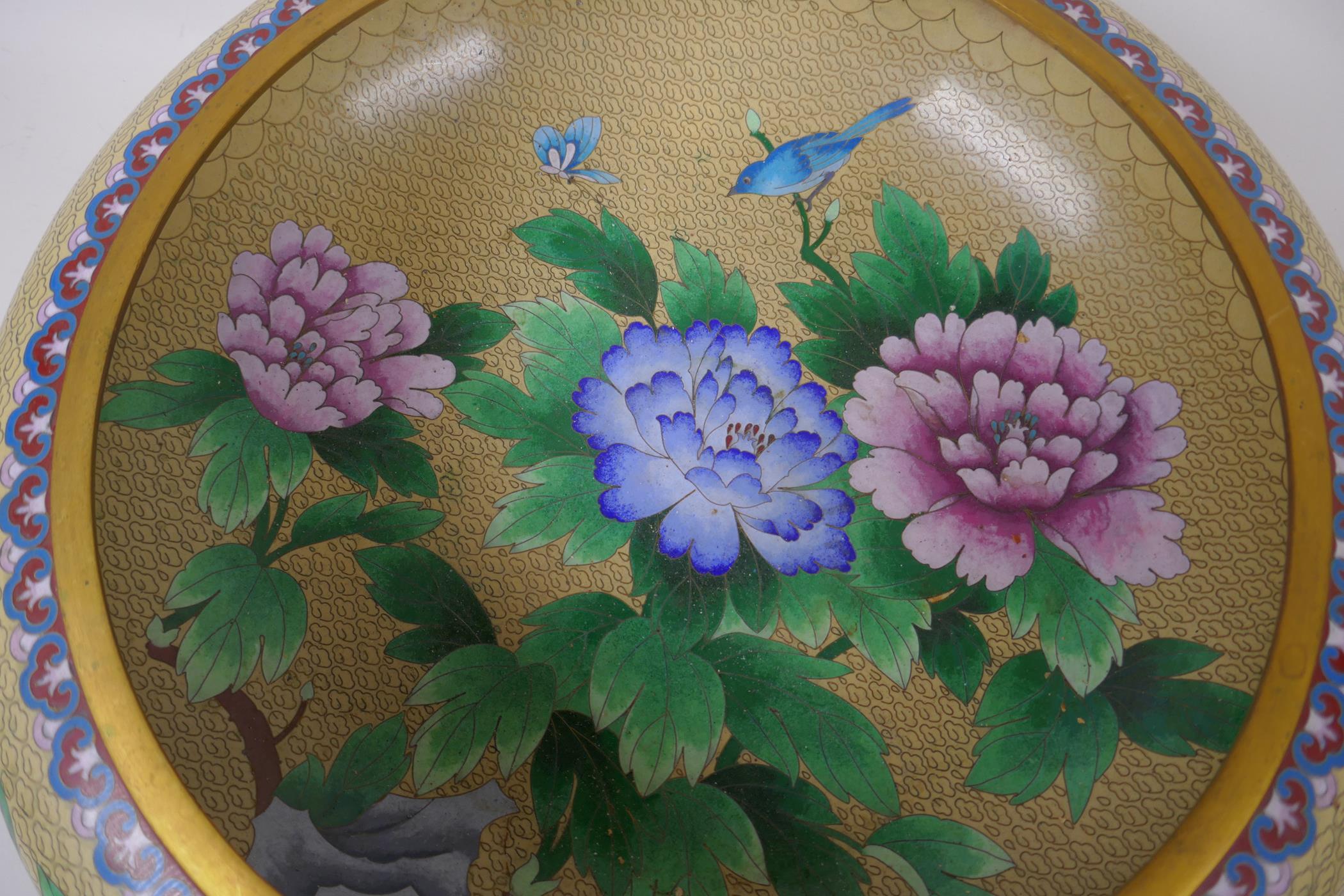 A large Jing Fa cloisonne fruit bowl decorated with chrysanthemums, 39cm diameter - Image 2 of 4
