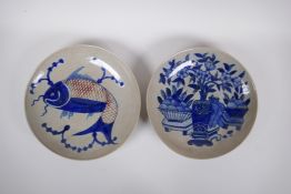 A Chinese Republic period crackleware dish with blue and white carp decoration, and another