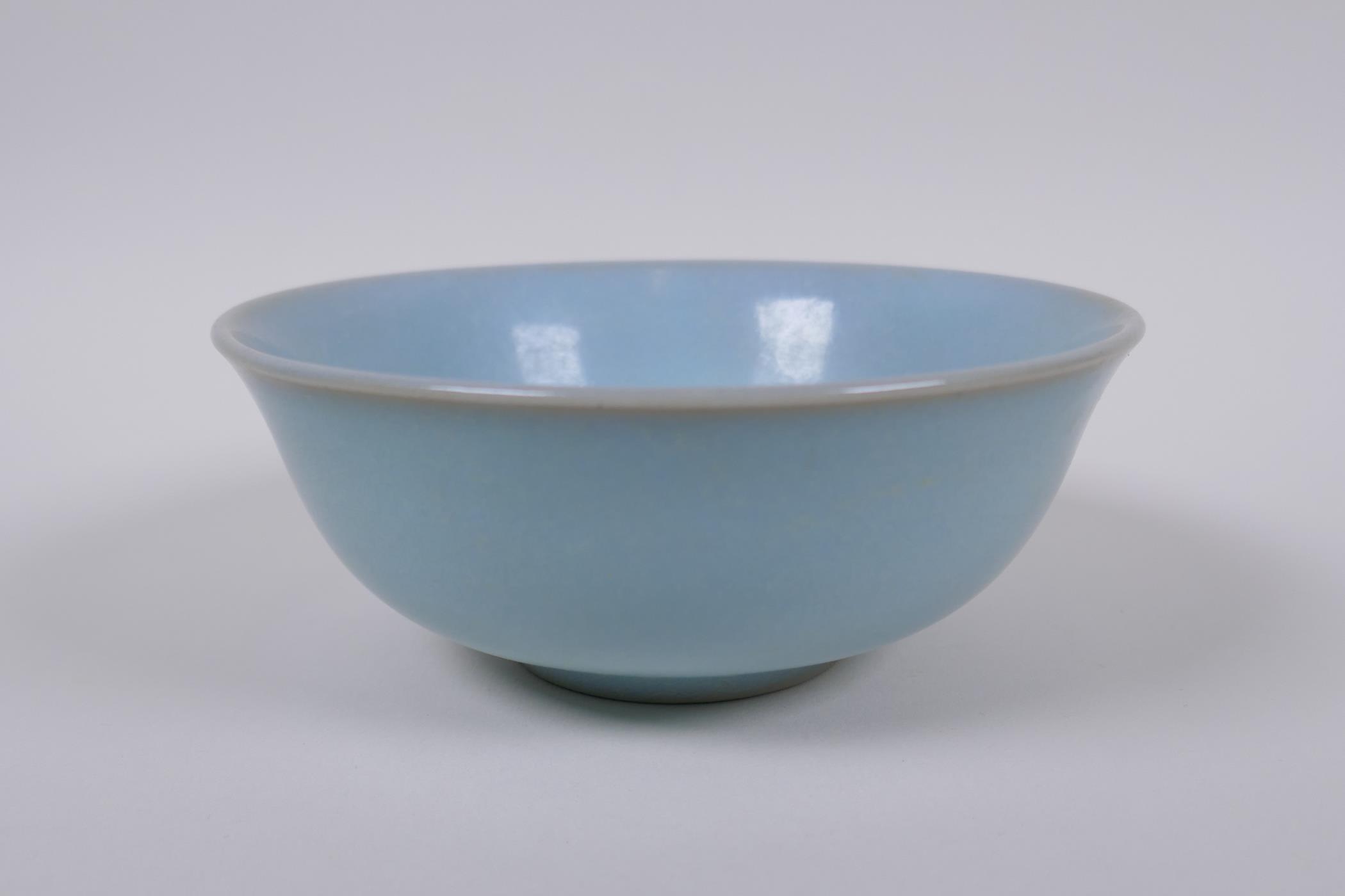 A Chinese Ru ware style celadon glazed porcelain bowl, 14m diameter