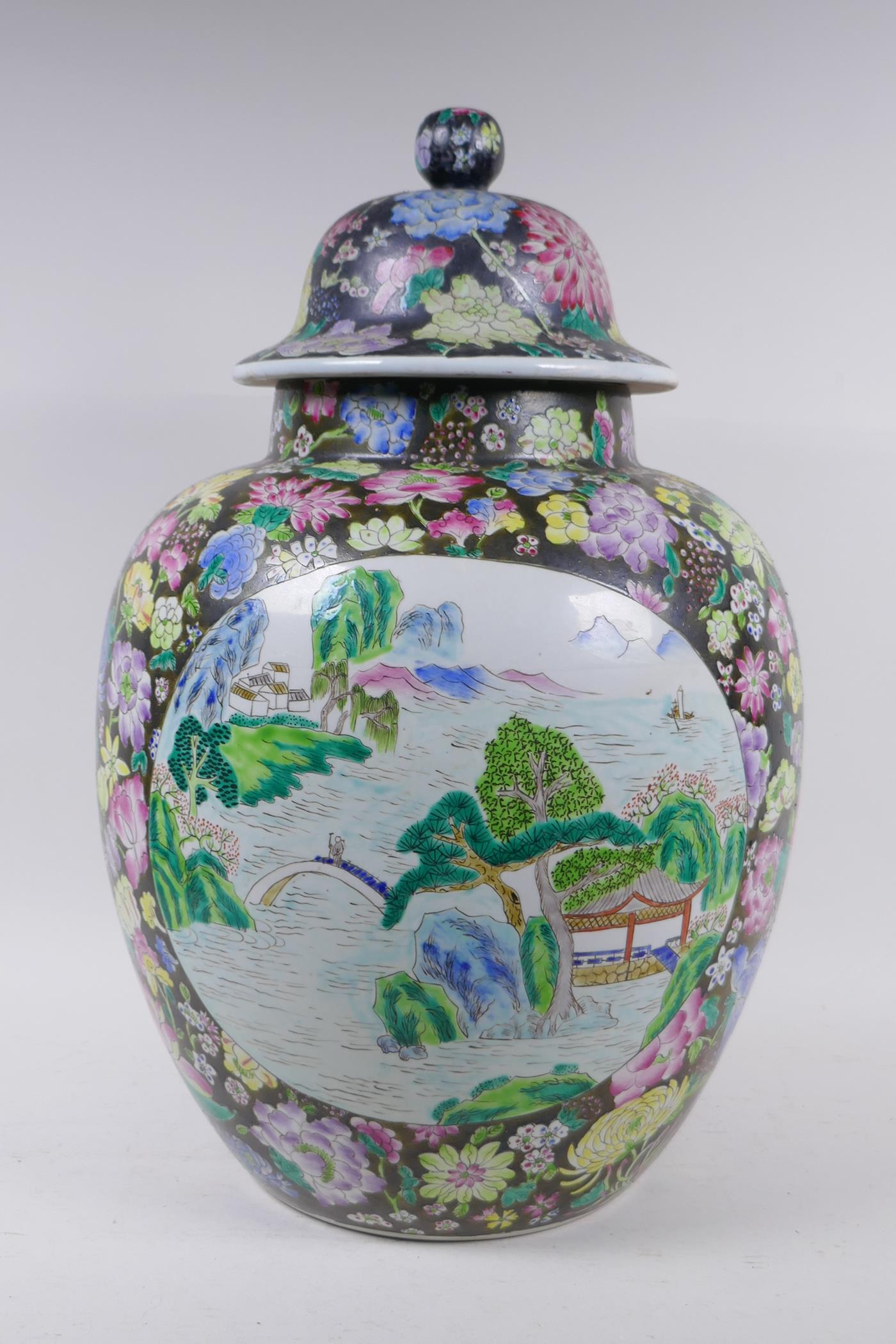 A Chinese famille noire jar with millefiori decoration and painted landscape panels, seal mark to - Image 4 of 7