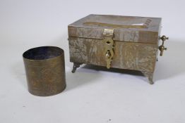 An Eastern engraved brass casket and a similar pot decorated with dancing figures, 12cm high