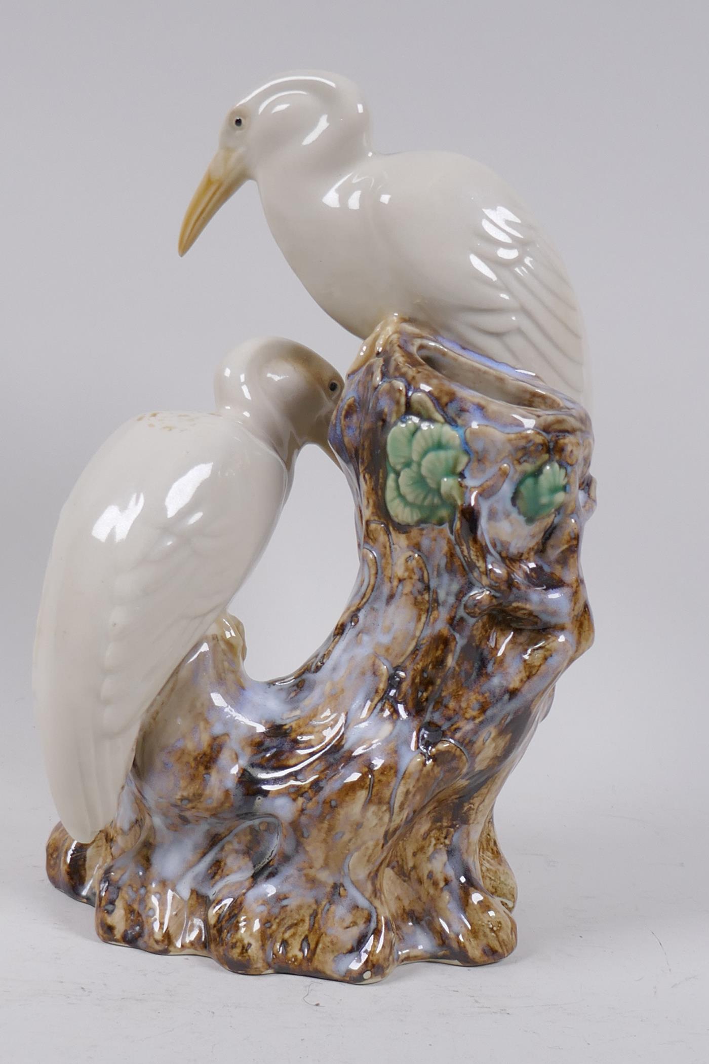 A majolica spill vase in the form of two cranes, 26cm high - Image 2 of 4