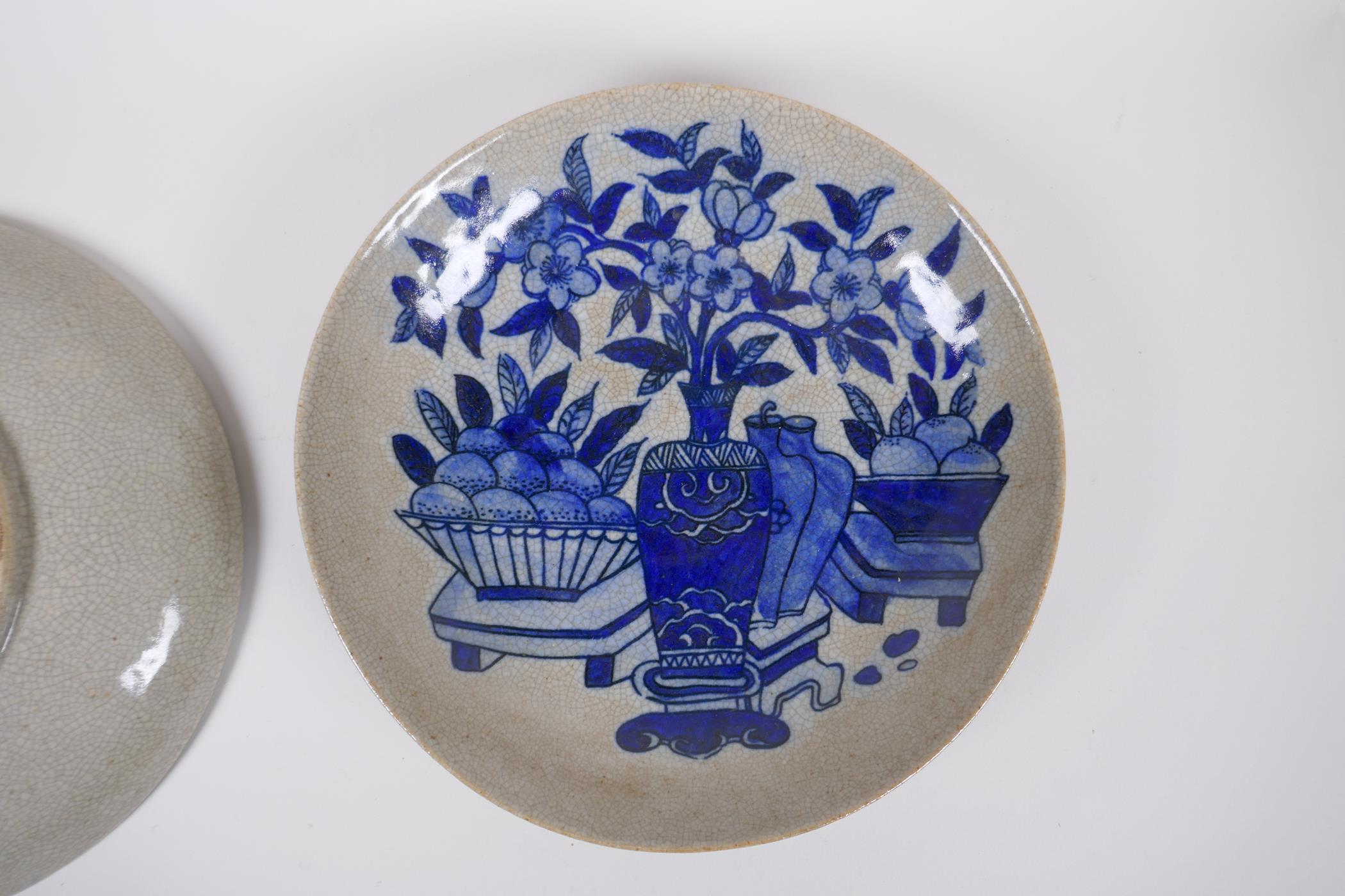 A Chinese Republic period crackleware dish with blue and white carp decoration, and another - Image 3 of 4