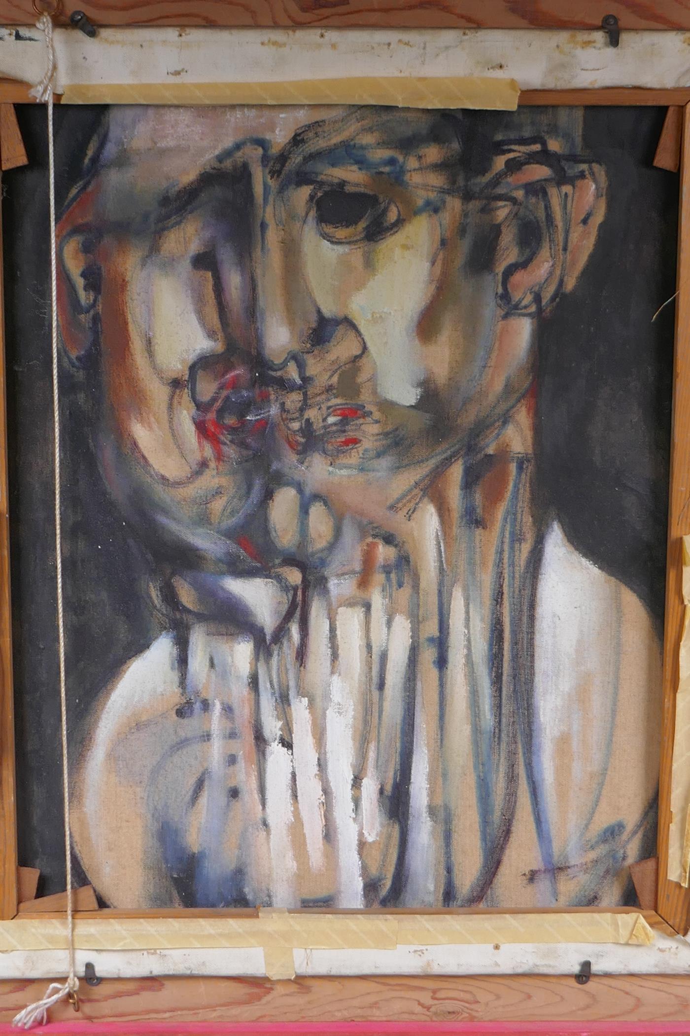 A double sided oil on canvas, to one side a portrait in the manner of Francis Bacon, and fishermen - Image 5 of 5