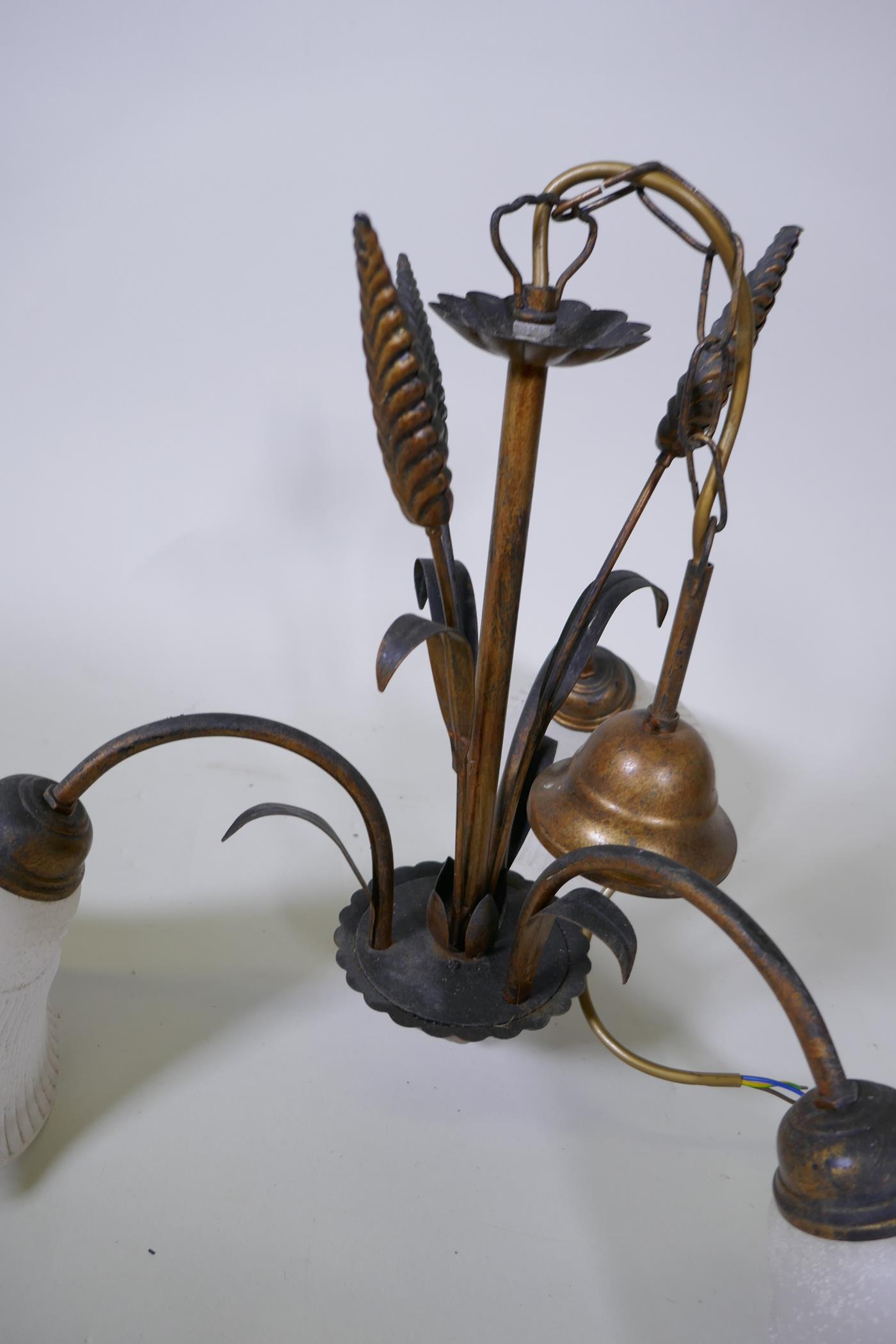 A three branch iron ceiling light formed as bullrushes with glass shades, 38cm high - Image 4 of 4