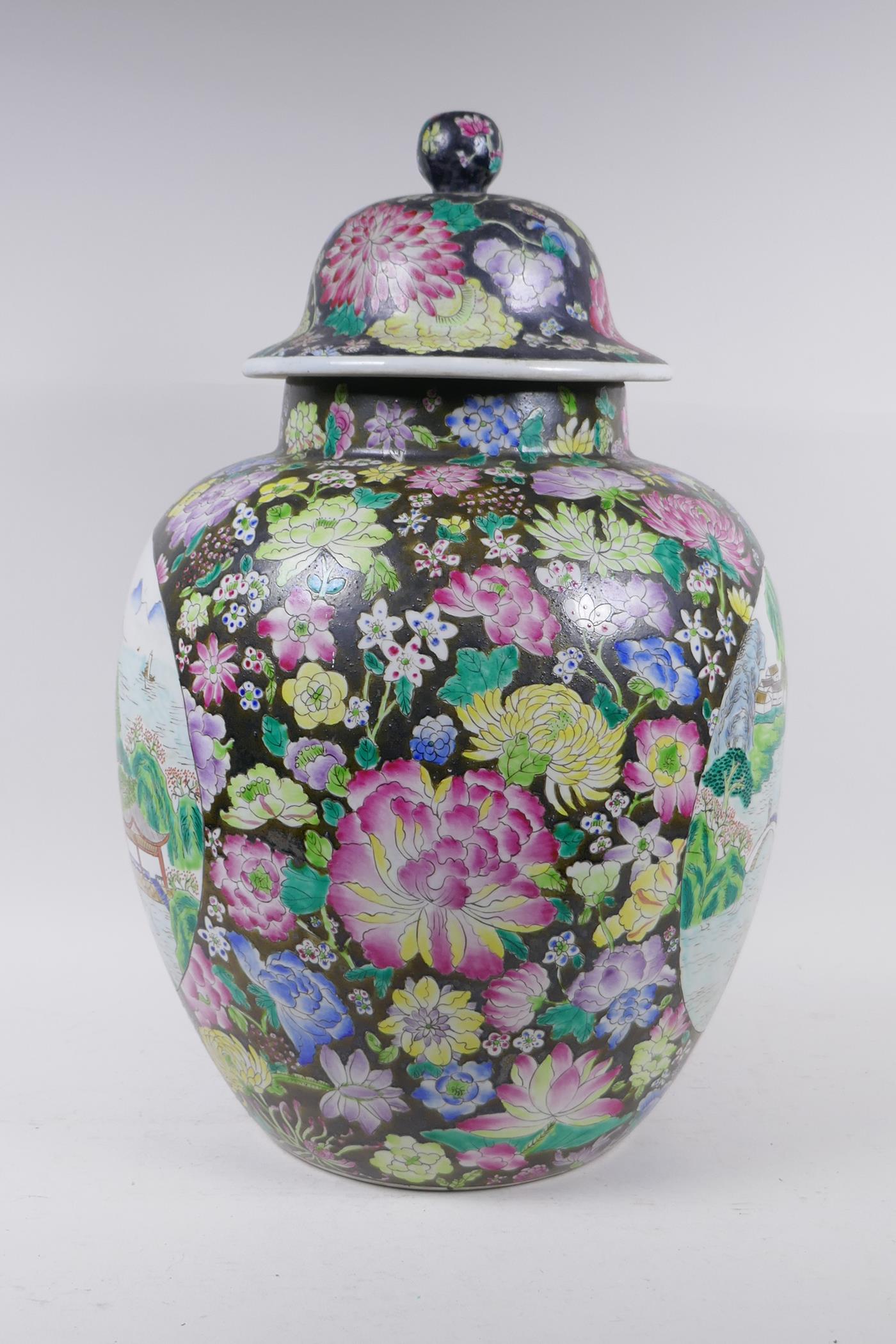 A Chinese famille noire jar with millefiori decoration and painted landscape panels, seal mark to - Image 5 of 7