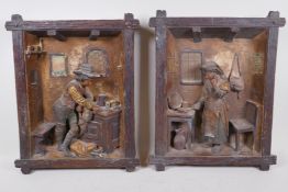 A pair of late C19th German terracotta wall plaques depicting a tavern scene and a girl in a