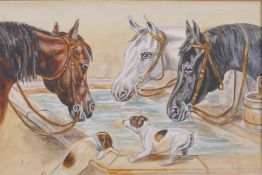 W. Smith, horses and Jack Russell terriers at a drinking trough, watercolour, signed and dated ,