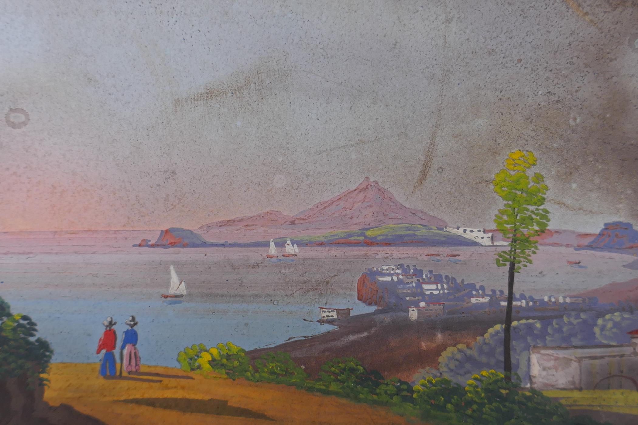 Views of the Bay of Naples with Vesuvius, a pair of early C19th gouache paintings, both indistinctly - Image 4 of 6