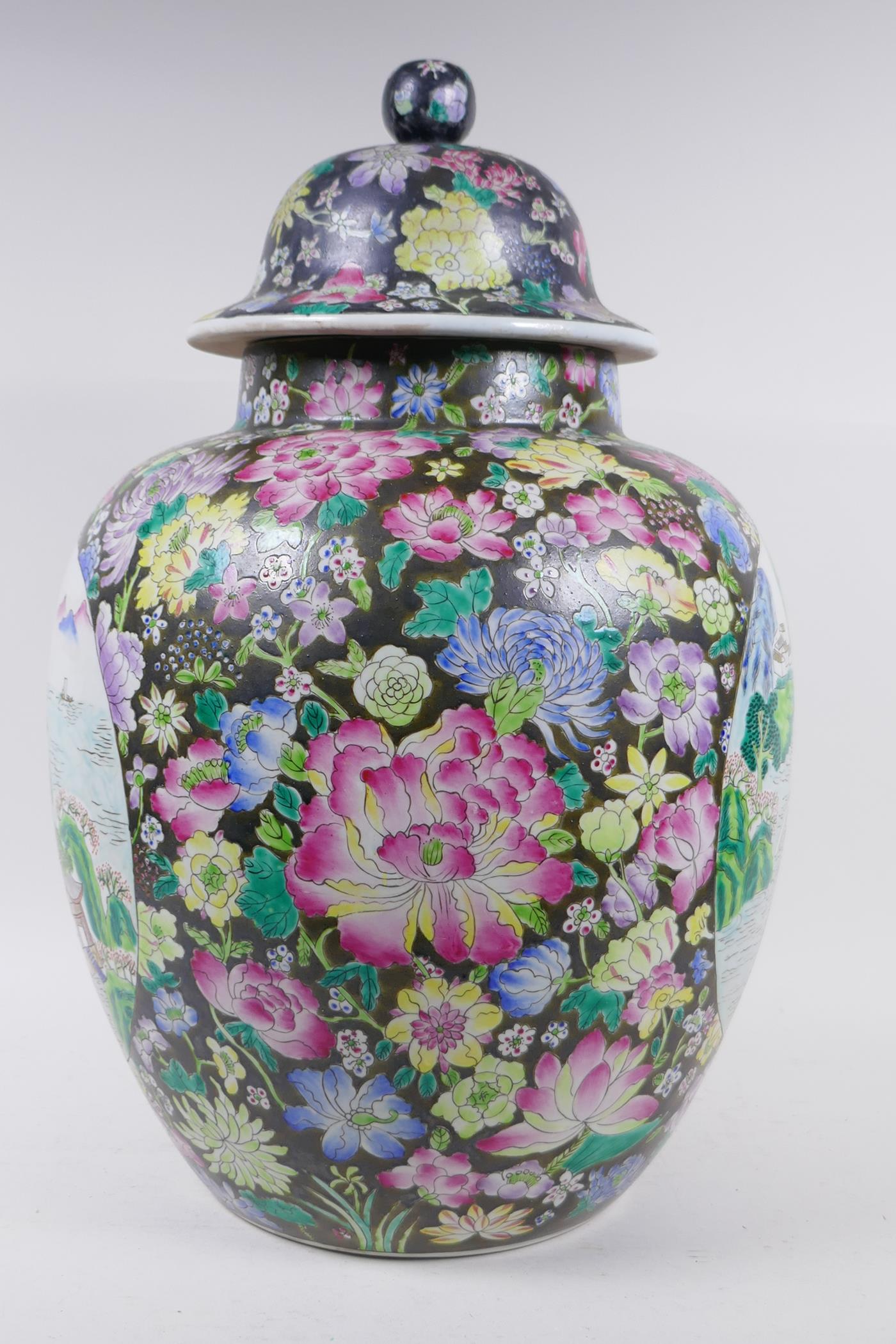 A Chinese famille noire jar with millefiori decoration and painted landscape panels, seal mark to - Image 3 of 7