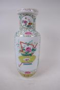 A C19th Chinese rouleau shaped porcelain vase painted with urns and flowers in bright enamels,