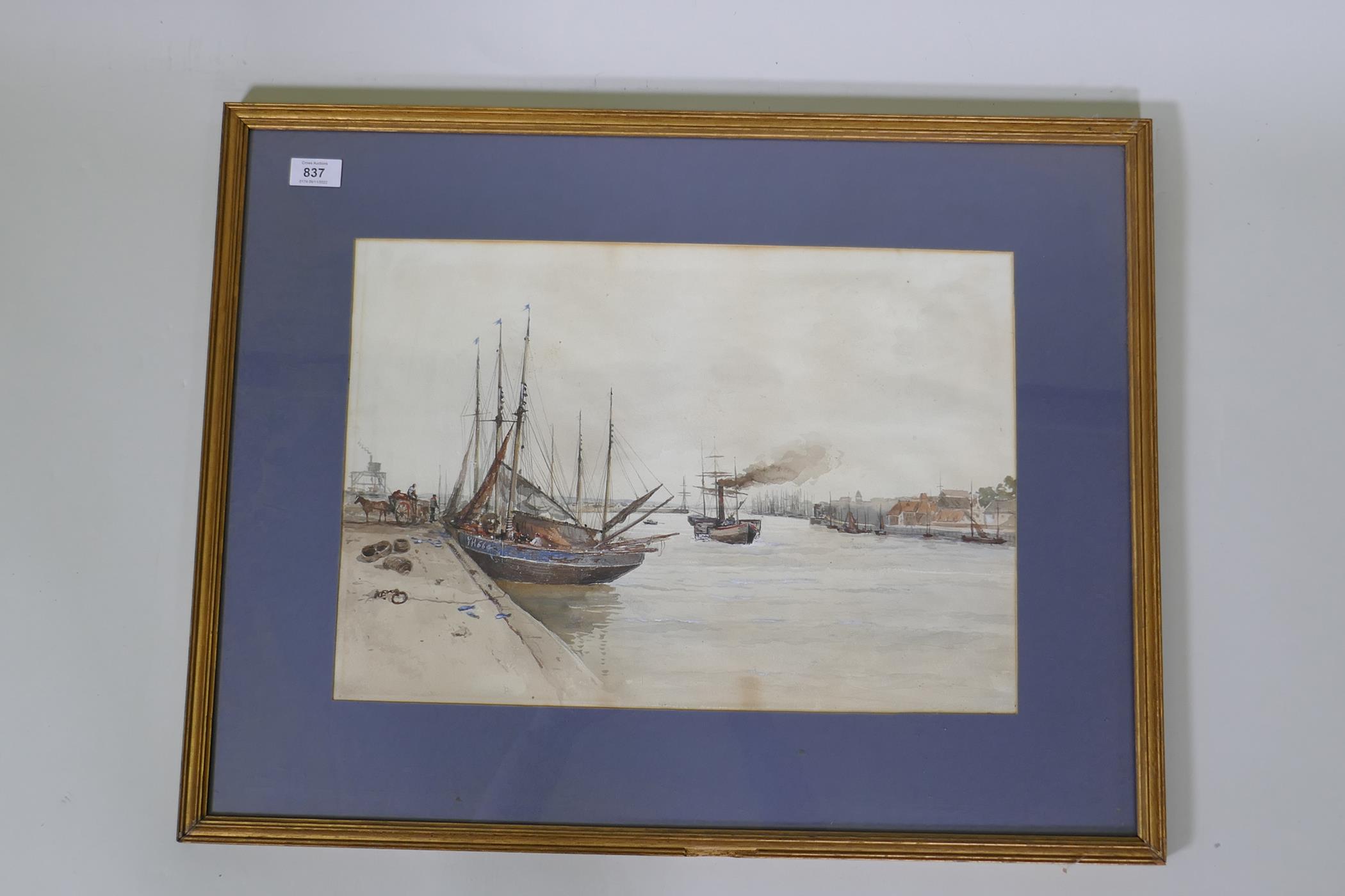 Yarmouth quayside with barges and paddle steamer, watercolour, unsigned, 49 x 34cm - Image 2 of 2