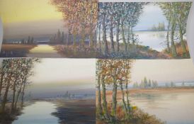 Four tree lined lake scenes, unframed watercolours, signed indistinctly by the same hand, 47 x 30cm
