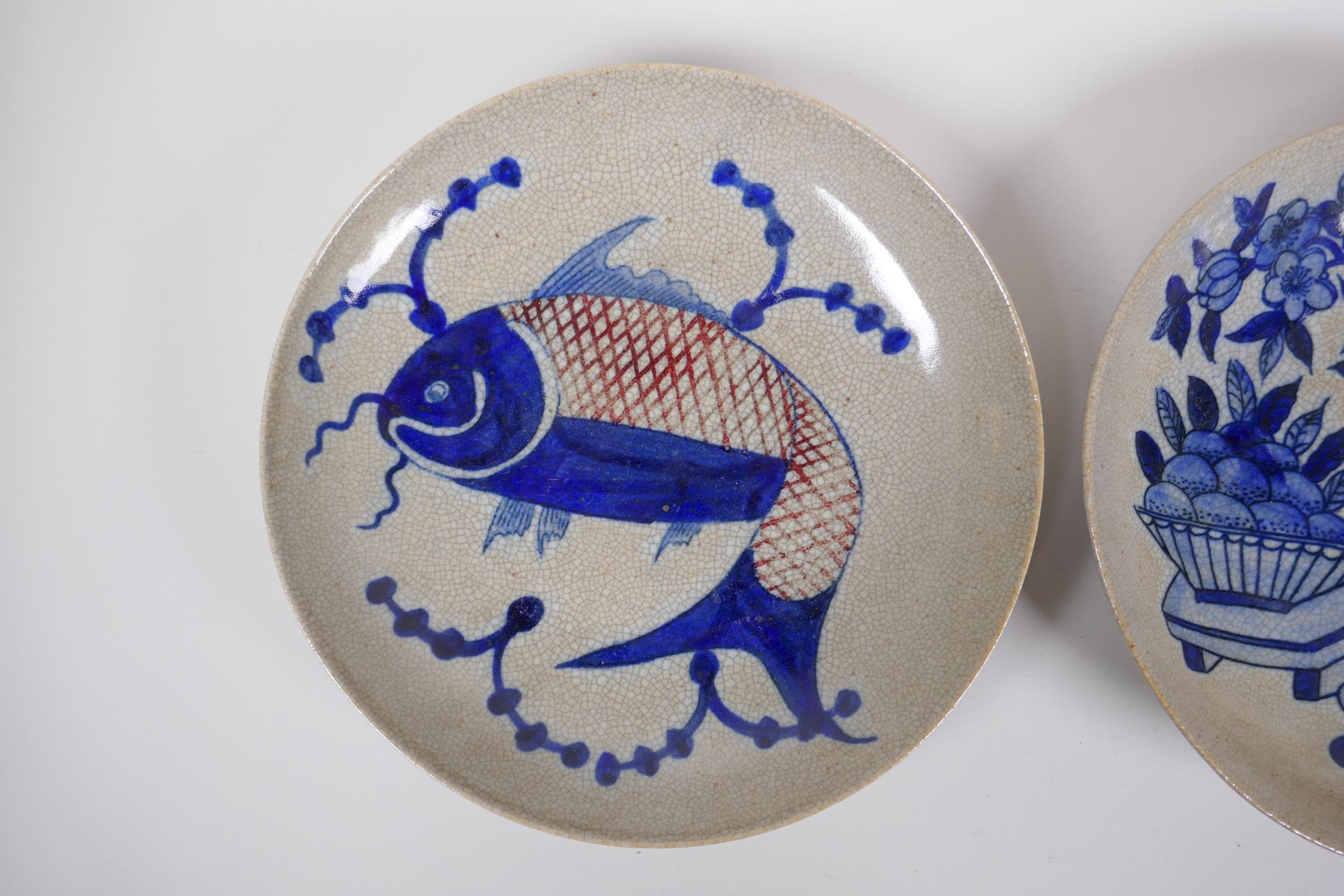 A Chinese Republic period crackleware dish with blue and white carp decoration, and another - Image 2 of 4