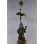 A Chinese rock crystal and brass table lamp formed as a censer,on a cast and pierced base, AF,