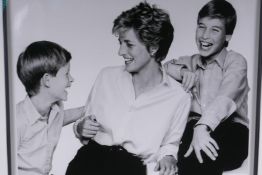 John Swannell, black and white photographic portrait of Princess Diana and the Princes, signed and