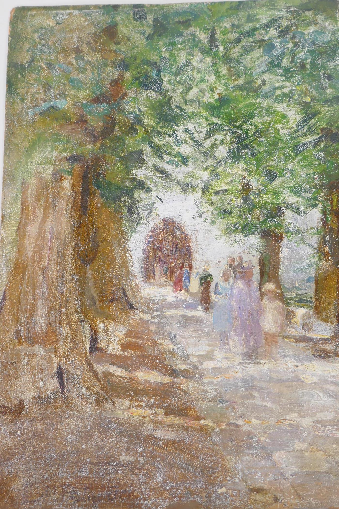 E.M. Petherick, garden scene with figures on a path, oil on card, signed, 28 x 40cm - Image 3 of 3